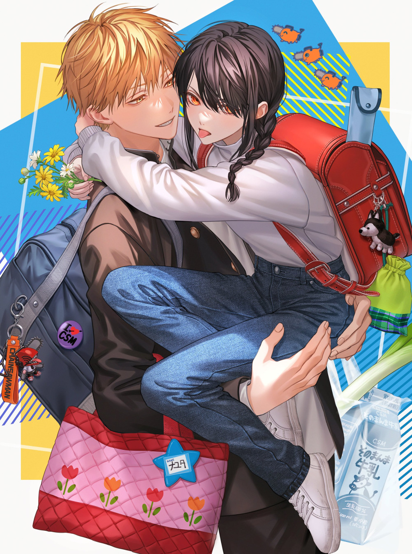 1boy 1girl absurdres am88121 backpack badge bag blonde_hair blue_background border braid carrying carrying_person chainsaw_man character_name charm_(object) daisy denim denji_(chainsaw_man) dog floral_print flower grin hair_between_eyes highres holding holding_flower hug jeans leather_bag milk multicolored_background name_tag nayuta_(chainsaw_man) orange_eyes pants pochita_(chainsaw_man) short_hair single_braid smile sweater teeth tongue tongue_out tulip white_border white_flower white_footwear white_sweater yellow_background yellow_eyes yellow_flower