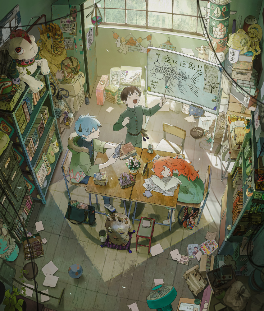 1girl 2boys absurdres academic_test bag blue_hair book bookshelf brown_hair chakotata closed_eyes clutter desk dress electric_fan food full_body green_dress green_jacket highres holding holding_book indoors jacket loaded_interior magazine_(object) multiple_boys original paper pencil pencil_case plant potted_plant redhead school_desk sleeping stuffed_toy whiteboard window