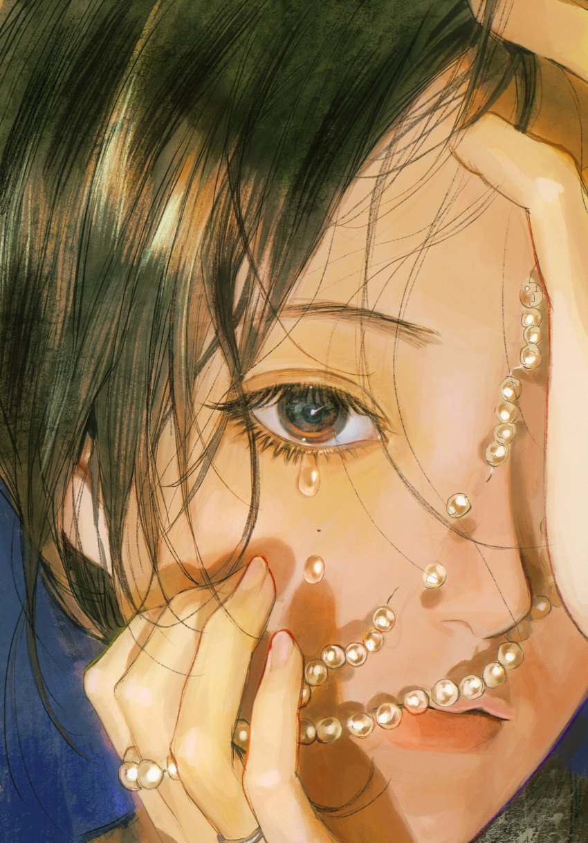 1girl black_eyes black_hair blue_background brown_hair closed_mouth fingernails hand_on_own_face highres jewelry looking_at_viewer necklace original pearl_necklace portrait seapall simple_background solo teardrop