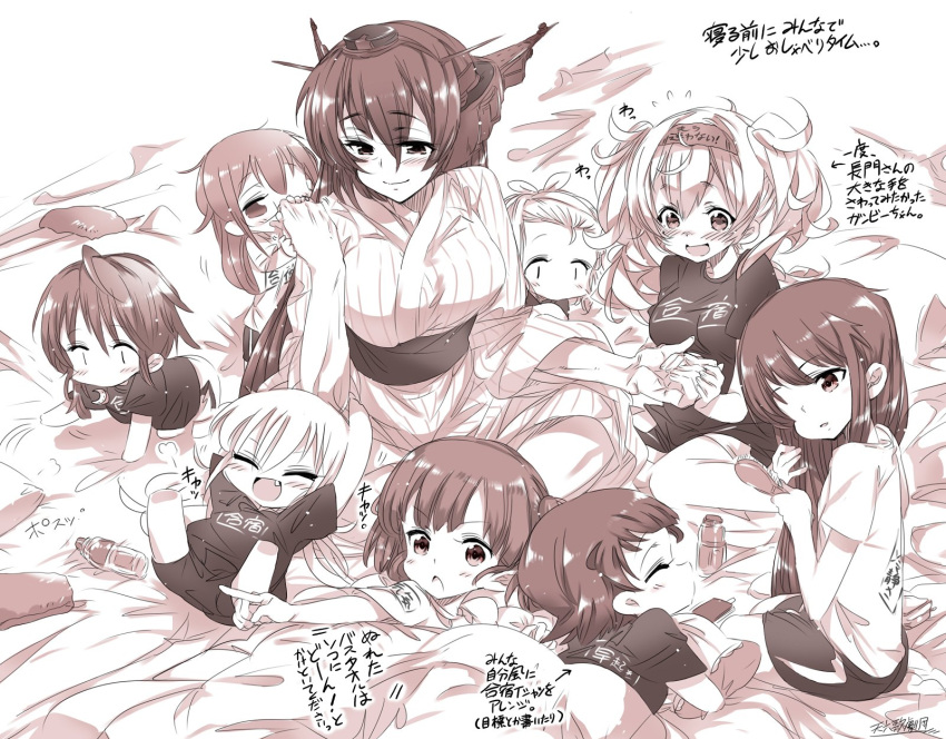 6+girls alternate_costume arare_(kancolle) character_request commentary_request fang gambier_bay_(kancolle) greyscale headgear highres japanese_clothes kantai_collection kimono kugimiya_atsuki luigi_torelli_(kancolle) mochizuki_(kancolle) monochrome multiple_girls nagato_(kancolle) satsuki_(kancolle) sepia sleepwear smile translation_request