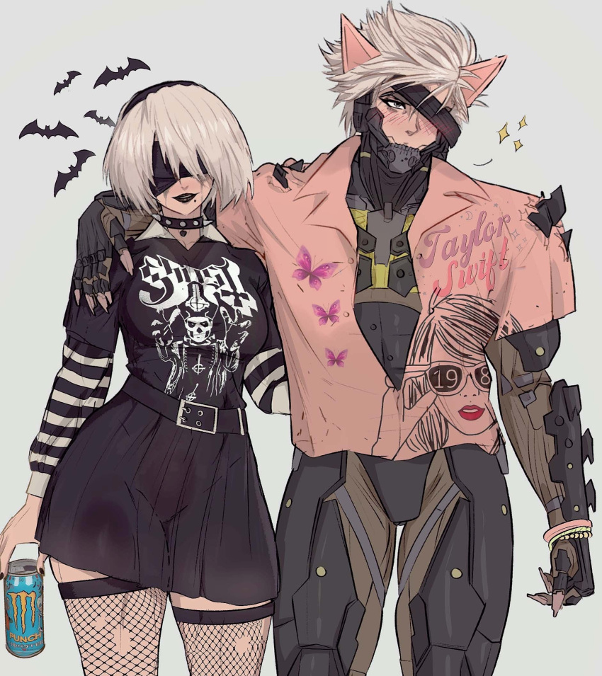 1boy 1girl 2b_(nier:automata) animal_ears arm_on_another's_shoulder belt black_blindfold black_dress black_hairband black_lips black_nails blindfold blush bracelet can cat_ears choker collared_shirt color_connection commentary covered_eyes cyborg dress english_commentary eyepatch fishnet_thighhighs fishnets grey_eyes hair_color_connection hairband highres holding holding_can jewelry looking_at_viewer looking_to_the_side mechanical_parts metal_gear_(series) metal_gear_rising:_revengeance mole mole_under_mouth monster_energy nier:automata nier_(series) pink_nails pink_shirt platinumgames_inc. print_shirt raiden_(metal_gear) shirt short_hair simple_background smile spiked_choker spikes thigh-highs white_hair wide_hips yoracrab