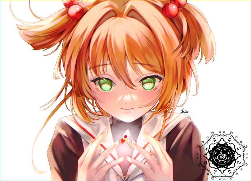 1girl black_shirt cardcaptor_sakura closed_mouth commentary english_commentary green_eyes hair_between_eyes hair_bobbles hair_intakes hair_ornament hands_up kinomoto_sakura looking_at_viewer mimi_(mixnxart) orange_hair sailor_collar shirt signature simple_background smile solo two_side_up upper_body watermark white_background white_sailor_collar
