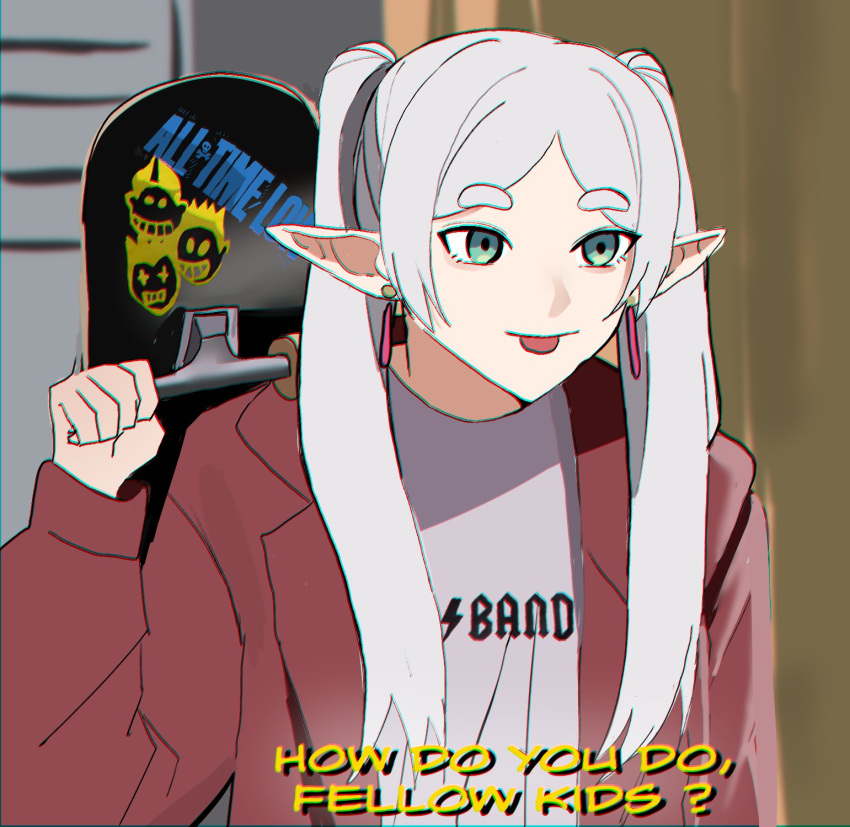1girl band_shirt closed_mouth commentary contemporary earrings elf english_commentary english_text frieren green_eyes highres holding holding_skateboard how_do_you_do_fellow_kids_(meme) jacket jewelry long_hair long_pointy_ears long_sleeves meme merchandise mykokampfwagen open_clothes open_jacket pointy_ears red_jacket shirt skateboard smile solo sousou_no_frieren subtitled t-shirt tongue tongue_out twintails upper_body white_hair white_shirt