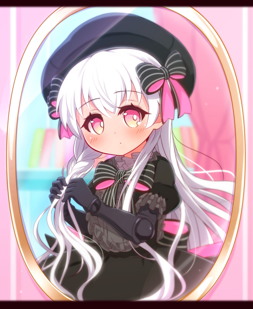 1girl absurdres beret black_bow black_dress black_gloves black_hat blurry blurry_background blush bow braid braiding_hair bright_pupils closed_mouth commentary_request curtains depth_of_field doll_joints dress elbow_gloves fate/extra fate_(series) gloves gothic_lolita hair_between_eyes hairdressing hat highres joints letterboxed lolita_fashion long_hair looking_at_viewer mirror nursery_rhyme_(fate) pink_eyes puffy_short_sleeves puffy_sleeves reflection short_sleeves solo striped_bow twitter_username very_long_hair white_hair white_pupils yuya090602