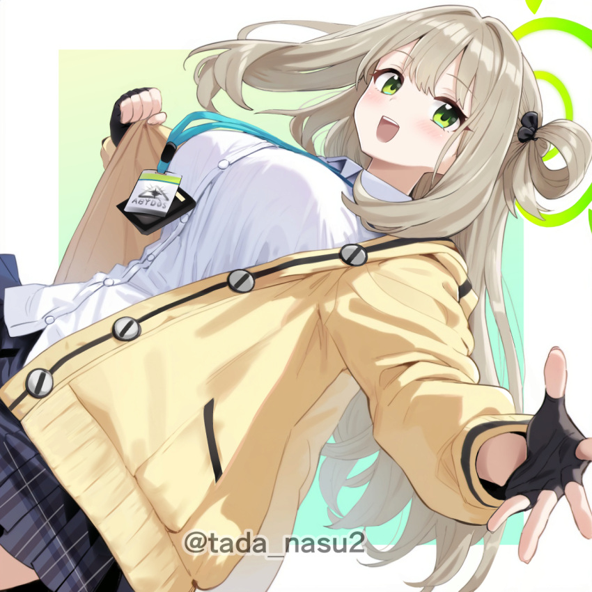 1girl black_gloves black_skirt blue_archive blush breasts buttons collared_shirt fingerless_gloves gloves green_eyes green_halo halo highres jacket large_breasts light_brown_hair long_hair long_sleeves nonomi_(blue_archive) open_clothes open_jacket open_mouth pleated_skirt shirt skirt smile solo tada_no_nasu twitter_username white_shirt yellow_jacket
