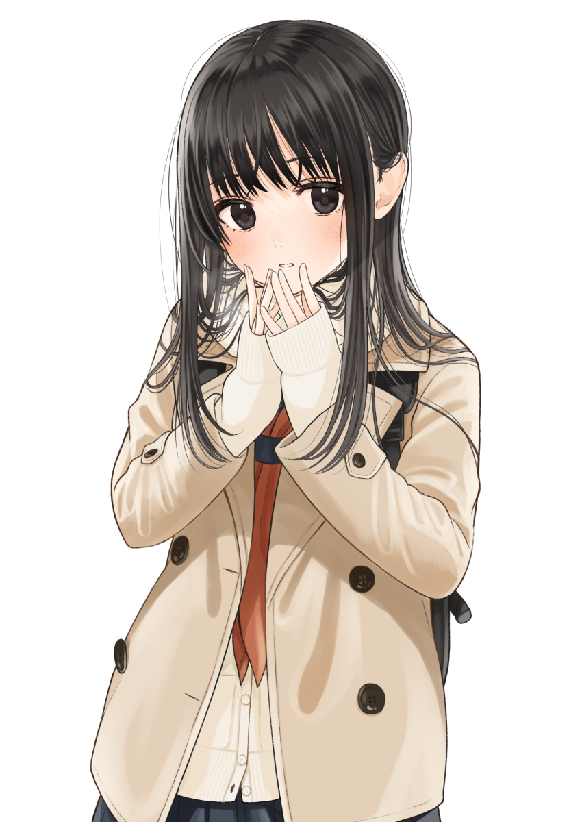 1girl absurdres black_eyes black_hair black_skirt blush breath brown_jacket commentary_request hair_behind_ear highres jacket kentaurosu long_hair long_sleeves looking_at_viewer matsuno_chiya neckerchief original own_hands_together parted_lips pleated_skirt red_neckerchief simple_background skirt sleeves_past_wrists solo white_background