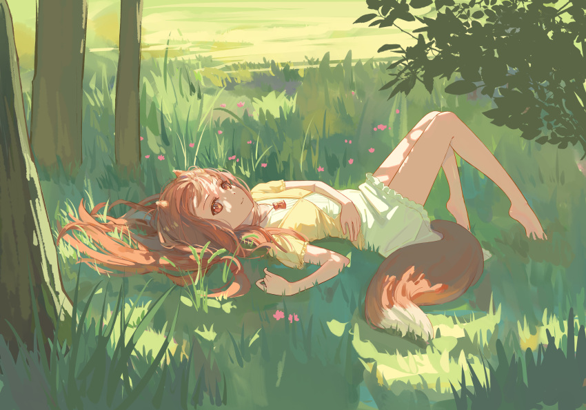 1girl absurdres animal_ears barefoot bright_pupils brown_eyes brown_hair chinese_commentary closed_mouth commentary_request dappled_sunlight day dress from_side full_body grass hair_spread_out hand_on_own_stomach hand_up happy highres holo jewelry knees_together_feet_apart knees_up long_hair looking_at_viewer lying nature necklace on_back on_grass outdoors partially_unbuttoned shirt short_dress short_sleeves smile soles solo spice_and_wolf sunlight tail tsurime white_dress wolf_ears wolf_girl wolf_tail yellow_shirt zec0606