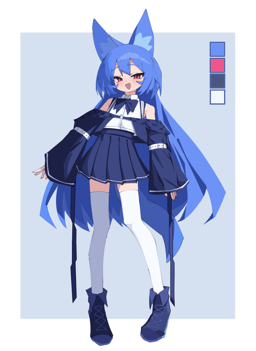 1girl :d absurdres animal_ear_fluff animal_ears arm_belt armpit_crease arms_at_sides bare_shoulders blue_hair blush boots bow bowtie child color_guide fox_ears fox_girl fox_tail full_body highres long_hair long_sleeves looking_at_viewer miya_(myakuro) myakuro open_mouth original pleated_skirt purple_bow purple_bowtie purple_footwear purple_skirt red_eyes shirt sidelocks simple_background skirt sleeveless sleeveless_shirt sleeves_past_wrists slit_pupils smile solo standing tail thigh-highs very_long_hair white_shirt white_thighhighs wide_sleeves