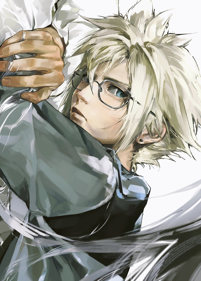 2boys alternate_universe blonde_hair blue_eyes closed_mouth cloud_strife commentary_request earrings final_fantasy final_fantasy_vii glasses grey_hair hand_in_another's_hair highres jewelry long_hair lying male_focus multiple_boys on_bed on_stomach sephiroth shirt short_hair single_earring spiky_hair yiran_toru