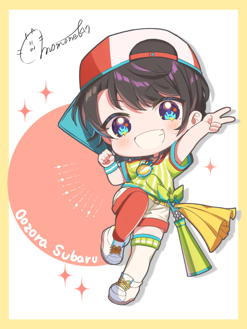 1girl :d asymmetrical_legwear baseball_cap black_hair blue_eyes character_name chibi chibi_only commentary_request full_body grin hat highres hololive looking_at_viewer loose_clothes loose_shirt megaphone mismatched_legwear momone_cco oozora_subaru oozora_subaru_(1st_costume) oversized_clothes oversized_shirt red_hat red_thighhighs shirt shoes short_hair short_sleeves shorts sideways_hat signature smile sneakers solo stopwatch striped_clothes striped_shirt swept_bangs t-shirt thigh-highs tied_shirt two-tone_headwear two-tone_shirt v v-shaped_eyebrows vertical-striped_clothes vertical-striped_shirt virtual_youtuber white_footwear white_shirt white_shorts white_thighhighs wristband yellow_shirt