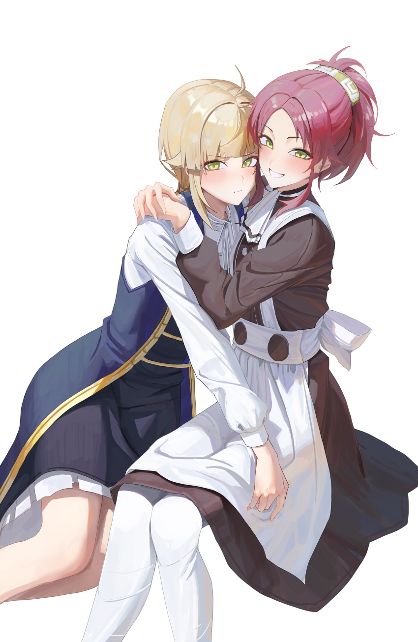 2girls absurdres ahoge aisha_greyrat apron arms_around_neck black_dress blonde_hair blue_jacket blush closed_mouth dress feet_out_of_frame flat_chest green_eyes hair_between_eyes hairband hands_on_another's_shoulders highres hug jacket looking_at_viewer maid maid_apron multiple_girls mushoku_tensei norn_greyrat open_mouth rasipan redhead shirt short_hair short_ponytail siblings simple_background sisters sleeveless sleeveless_jacket smile thigh-highs wavy_mouth white_apron white_background white_shirt white_thighhighs