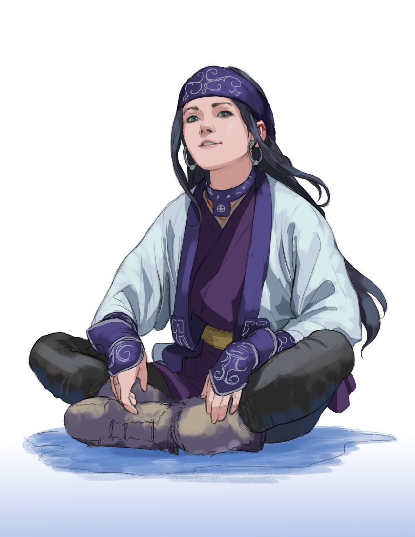 1girl absurdres ainu ainu_clothes alen_rocha asirpa black_hair crossed_legs earrings english_commentary from_below full_body gloves golden_kamuy headband highres hoop_earrings jewelry long_hair long_sleeves looking_at_viewer pants shadow sidelocks simple_background smile solo triximity white_background