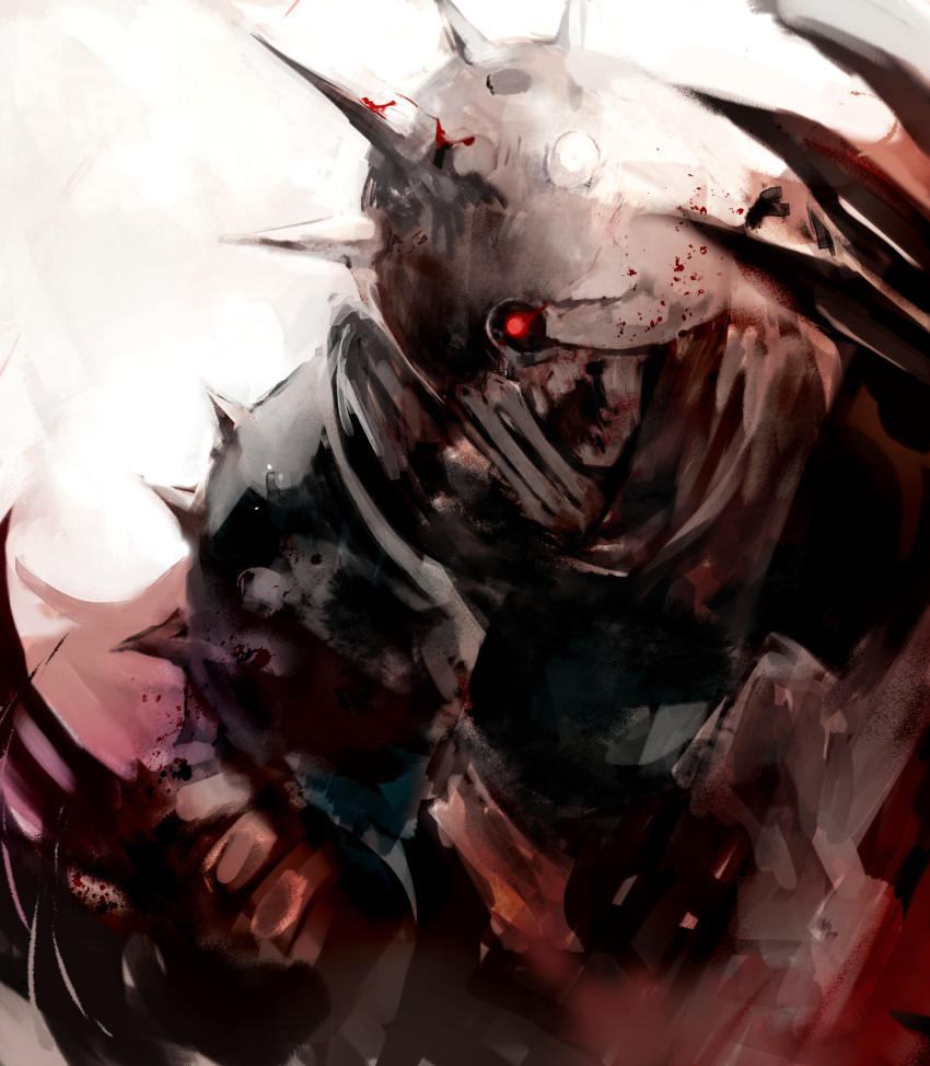 1boy armor blood blood_on_armor ender_lilies_quietus_of_the_knights glowing glowing_eyes highres kakuwashi long_hair male_focus open_mouth red_eyes redhead sketch solo spiked_helmet spiked_pauldrons ulv_the_mad_knight upper_body