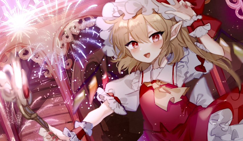 1girl ascot blonde_hair dress fireworks flandre_scarlet frills hand_up hat highres holding holding_staff medium_hair mob_cap open_mouth puffy_short_sleeves puffy_sleeves red_dress red_eyes short_sleeves side_ponytail solo sorani_(kaeru0768) staff touhou upper_body wrist_cuffs yellow_ascot