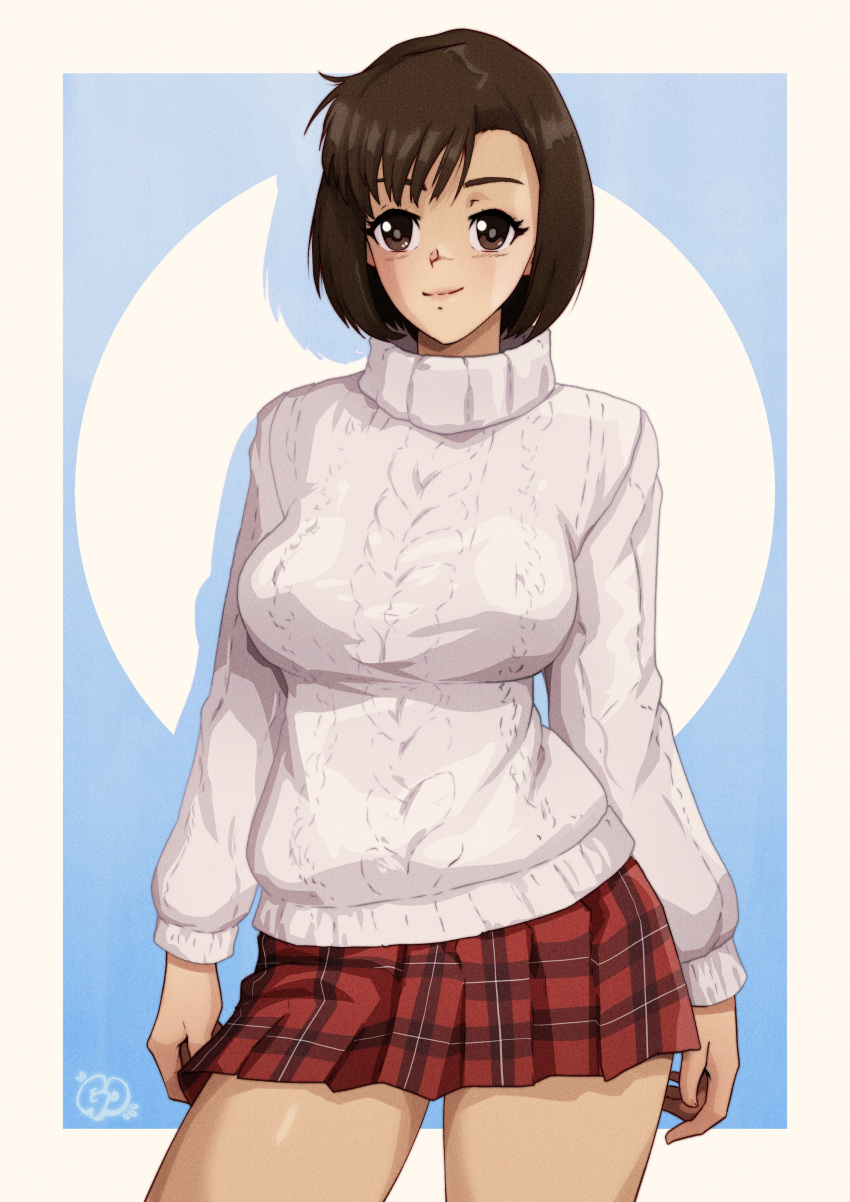 1girl absurdres artist_logo asymmetrical_bangs breasts brown_eyes brown_hair colored_shadow commission cowboy_shot drop_shadow harasaki_nozomi highres large_breasts long_sleeves looking_at_viewer pleated_skirt red_skirt ribbed_sweater second-party_source shadow shenmue short_hair skirt smile solo sweater thatpersonaguy thighs turtleneck turtleneck_sweater two-tone_background white_sweater