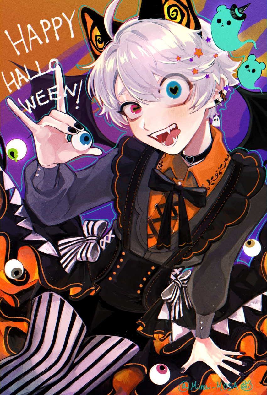 1boy animal_ears artist_name black_choker black_nails black_ribbon blue_eyes choker collared_shirt commentary ear_piercing eyeball fangs fox_shadow_puppet ghost grey_thighhighs hair_between_eyes halloween hand_up happy_halloween heart heart-shaped_pupils heart_choker highres holding_eyeball horizontal_pupils long_sleeves looking_at_viewer maddy_(minai_mosa) male_focus minai_mosa mismatched_pupils multicolored_background neck_ribbon open_mouth orange_shirt original piercing pink_eyes puffy_long_sleeves puffy_sleeves purple_background ribbon shirt short_hair sitting solo star_(symbol) striped_clothes striped_thighhighs symbol-only_commentary symbol-shaped_pupils thigh-highs tongue tongue_out twitter_username white_hair