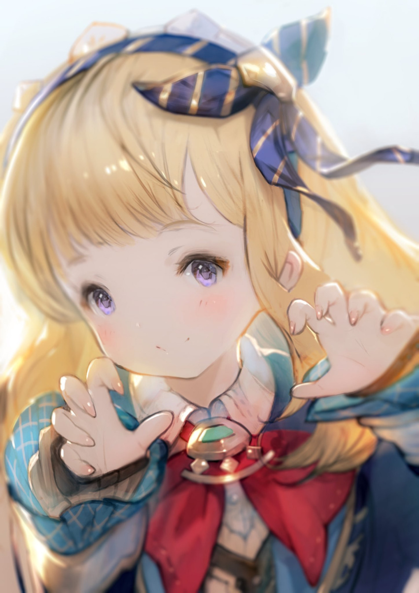 1girl ascot backlighting blonde_hair blurry blush cagliostro_(granblue_fantasy) cagliostro_(youthful_uniform)_(granblue_fantasy) child claw_pose closed_mouth collared_shirt commentary_request depth_of_field eyelashes granblue_fantasy hairband head_tilt highres long_hair long_sleeves looking_at_viewer nail_polish official_alternate_costume palms shiratsuyu_mone shirt smile solo upper_body violet_eyes white_shirt