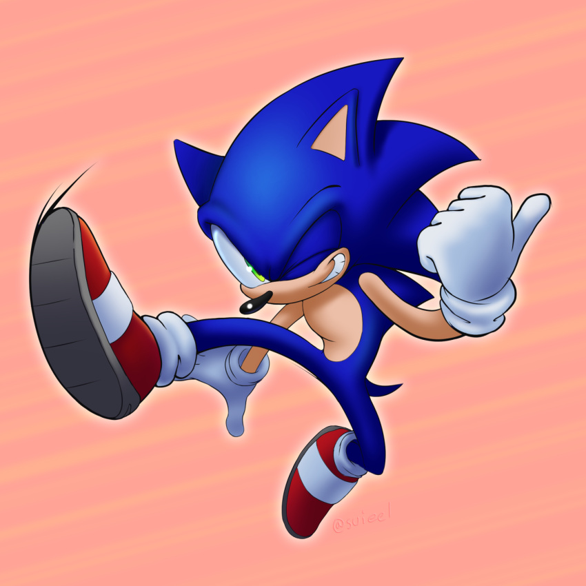 1boy ;) animal_ears crabbin gloves green_eyes hedgehog highres male_focus one_eye_closed shoes simple_background smile solo sonic_(series) sonic_the_hedgehog tail teeth white_gloves