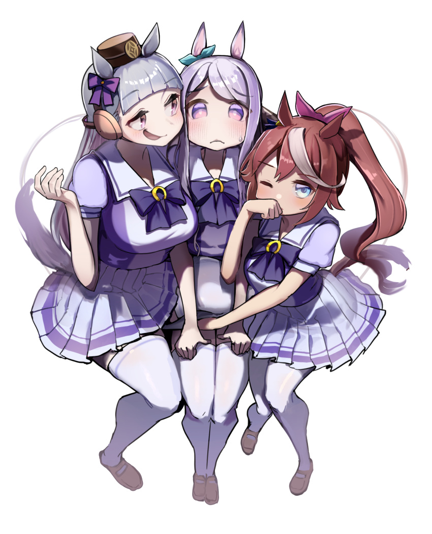 3girls animal_ears black_hat blunt_bangs blush bow bowtie brown_footwear brown_hair commentary ear_bow frown girl_sandwich gold_ship_(umamusume) grey_hair hair_ribbon headgear highres horse_ears horse_girl horse_tail horseshoe_ornament knee_up loafers long_hair looking_at_another looking_at_viewer mejiro_mcqueen_(umamusume) miniskirt multicolored_hair multiple_girls one_eye_closed open_mouth pillbox_hat pink_ribbon pleated_skirt ponytail purple_bow purple_bowtie purple_hair purple_shirt red_eyes ribbon sailor_collar sandwiched school_uniform serafuku shirt shoes simple_background sitting skirt smirk streaked_hair summer_uniform sweatdrop tail tamukoro thigh-highs tokai_teio_(umamusume) tracen_school_uniform two-tone_hair umamusume violet_eyes white_background white_hair white_sailor_collar white_skirt white_thighhighs