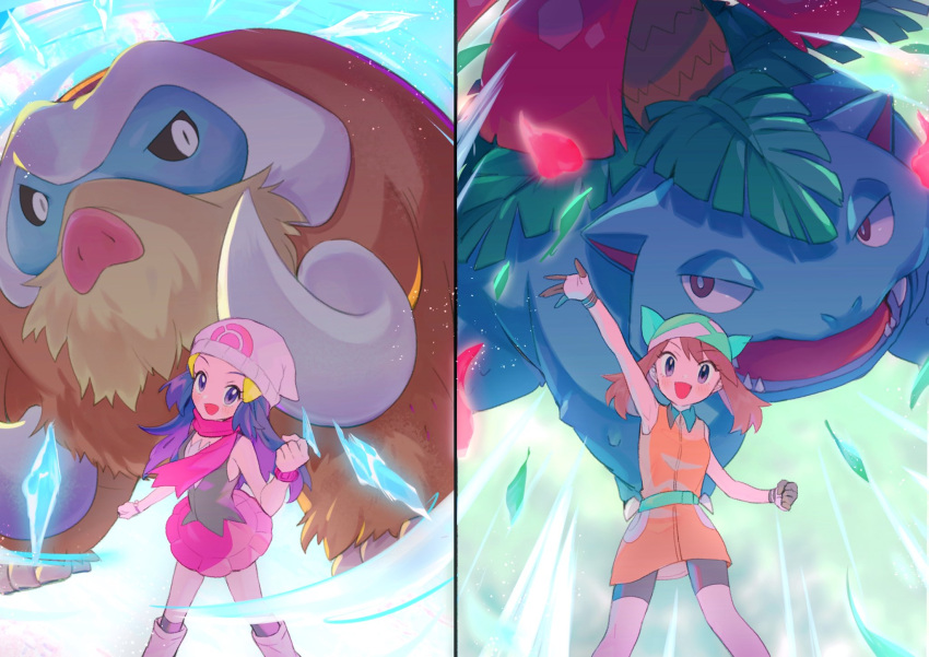 2girls :d abe_(kumayu) bandana beanie bike_shorts boots brown_hair clenched_hand collared_dress commentary_request dress gloves green_bandana hair_ornament hairclip hat highres hikari_(pokemon) leaf long_hair mamoswine may_(pokemon) multiple_girls open_mouth orange_dress petals pink_scarf pink_skirt pokemon pokemon_(anime) pokemon_(creature) pokemon_dppt_(anime) scarf shirt skirt sleeveless sleeveless_dress sleeveless_shirt smile venusaur
