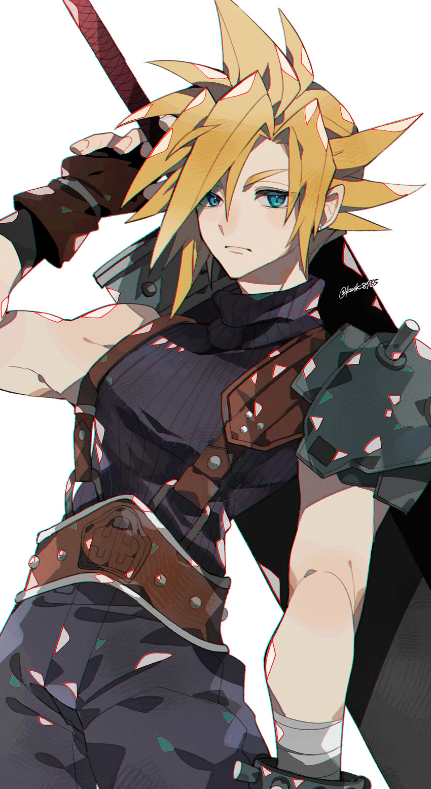 1boy armor baggy_pants blonde_hair blue_eyes brown_gloves buster_sword closed_eyes cloud_strife commentary_request cowboy_shot final_fantasy final_fantasy_vii fingerless_gloves gloves hair_between_eyes hand_up highres kawasaki_(kwsk_8765) looking_at_viewer male_focus pants ribbed_sweater shoulder_armor single_bare_shoulder sleeveless sleeveless_turtleneck solo spiky_hair suspenders sweater sword sword_on_back turtleneck turtleneck_sweater weapon weapon_on_back