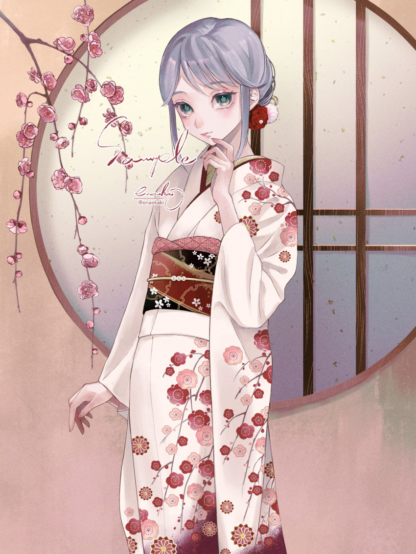 1girl blush commentary_request commission enahamaru floral_print flower green_eyes grey_hair hair_flower hair_ornament highres japanese_clothes kimono looking_at_viewer obi original sash short_hair sidelocks smile solo window