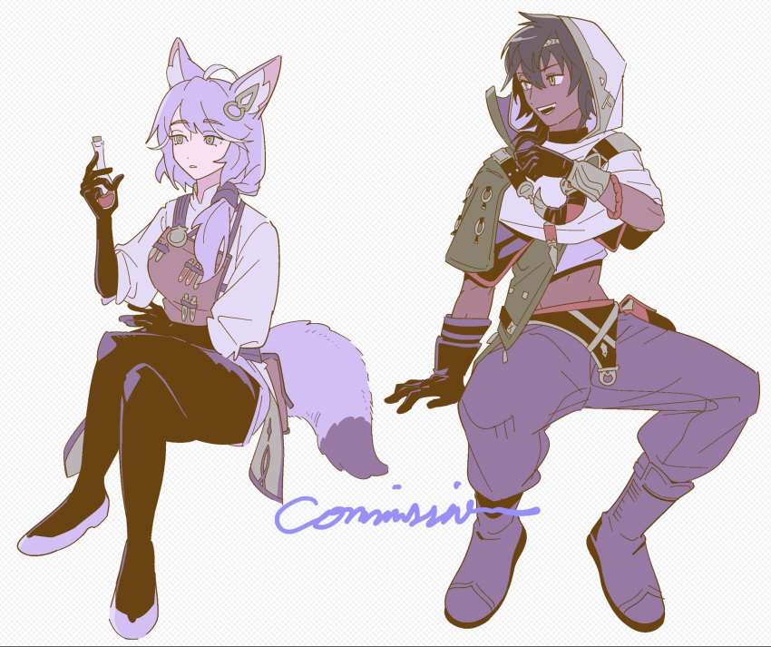 1boy 1girl animal_ear_fluff animal_ears baggy_pants black_hair black_pantyhose boots bright_pupils capelet collared_shirt commentary commission crop_top crossed_legs dark-skinned_male dark_skin english_text fake_transparency flask fox_ears fox_girl fox_tail full_body green_eyes hair_between_eyes hair_over_shoulder hand_up highres holding holding_flask hood hood_up hooded_capelet invisible_chair long_hair long_sleeves looking_at_another looking_at_object looking_to_the_side low-tied_long_hair open_mouth original pants pantyhose parted_lips puffy_long_sleeves puffy_sleeves purple_footwear purple_hair purple_pants purple_shirt robodumpling shirt sitting stomach symbol-only_commentary tail