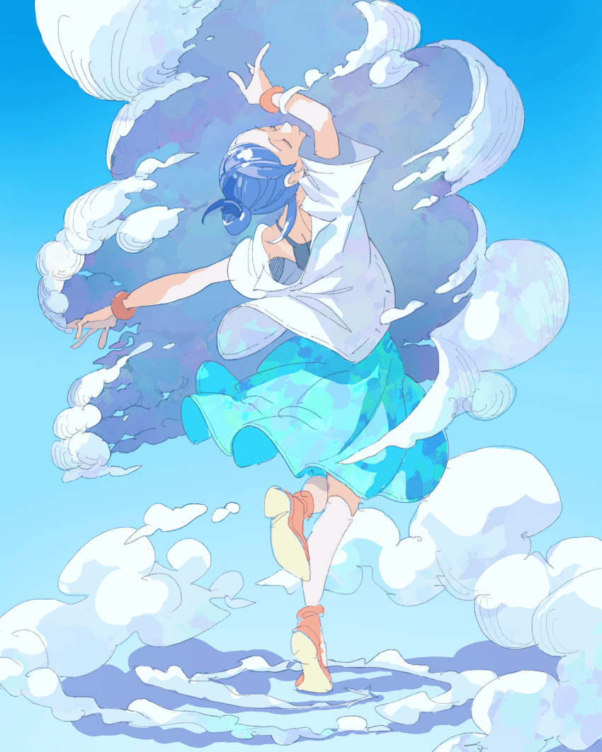 1girl absurdres arm_up blue_hair blue_skirt blue_sky bracelet camisole closed_eyes clouds day facing_up from_behind full_body grey_camisole highres jewelry original pomodorosa shirt shoes short_sleeves skirt sky smoke socks solo standing standing_on_one_leg white_shirt white_socks wristband