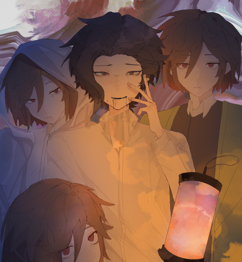 4boys black_eyes black_hair black_vest brown_hair chinese_commentary closed_mouth collared_shirt commentary_request expressionless green_jacket harada_mutei highres jacket long_sleeves luo_shi_ye male_focus multiple_boys multiple_persona open_clothes open_collar open_jacket pale_skin red_eyes saibou_shinkyoku sanpaku shirt short_hair smile sweat utsugi_rangiri vest white_shirt