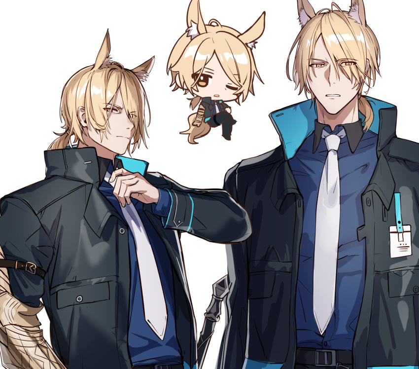 1boy 252_gishiki animal_ears arknights black_coat blonde_hair blue_shirt chibi chibi_inset coat collared_shirt commentary_request eyes_visible_through_hair frown gauntlets hair_over_one_eye high_collar highres horse_boy horse_ears horse_tail id_card looking_at_viewer male_focus mlynar_(arknights) multiple_views necktie one_eye_closed parted_lips shirt short_hair short_ponytail simple_background sword tail upper_body weapon white_background white_necktie