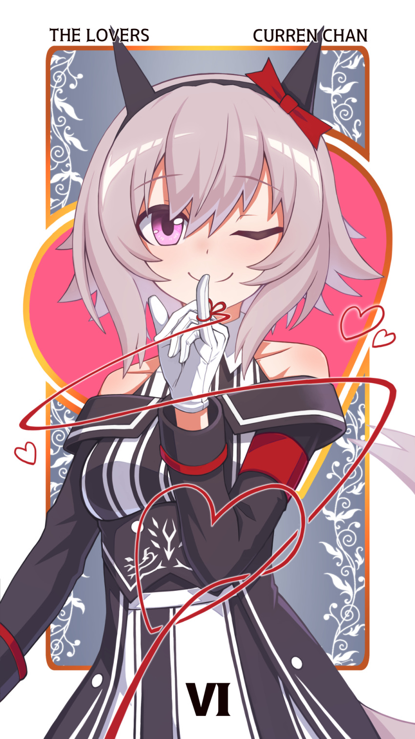 black_dress bow collarbone curren_chan_(umamusume) dress gloves grey_hair hair_between_eyes hibun_tsukasa highres horse_girl looking_at_viewer one_eye_closed red_bow roman_numeral short_hair smile string string_of_fate tarot the_lovers_(tarot) umamusume white_gloves