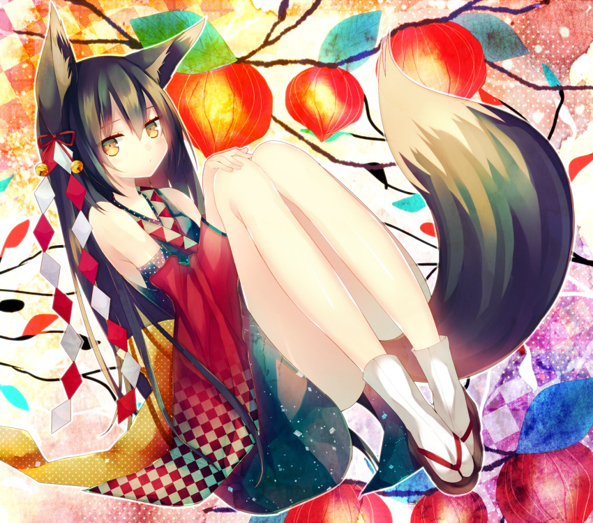 1girl abandon_ranka abstract animal_ears bare_legs bell black_hair bow checkered_background commentary_request detached_sleeves dress expressionless fox_ears fox_tail hair_bow hand_on_own_knee highres leaf long_hair looking_at_viewer original sandals socks solo tabi tail wide_sleeves yellow_eyes
