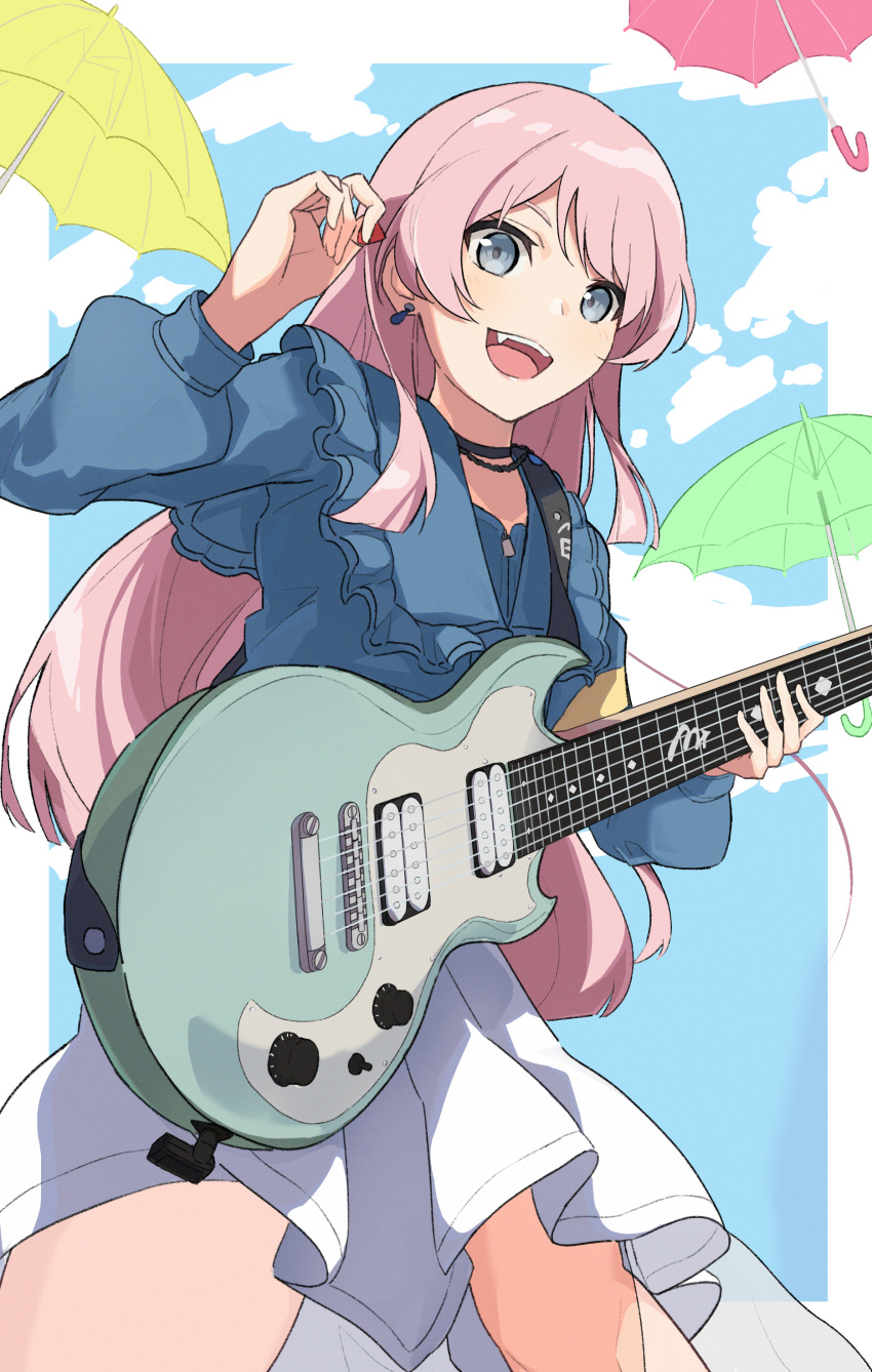 1girl absurdres bang_dream! bang_dream!_it's_mygo!!!!! black_choker blue_jacket border chihaya_anon chinese_commentary choker commentary_request earrings fang frilled_jacket frills grey_eyes guitar highres holding holding_guitar holding_instrument holding_plectrum instrument jacket jewelry lavirince long_hair long_sleeves looking_at_viewer necklace open_mouth outside_border pink_hair playing_guitar pleated_skirt plectrum skirt solo teeth umbrella upper_teeth_only white_border white_skirt