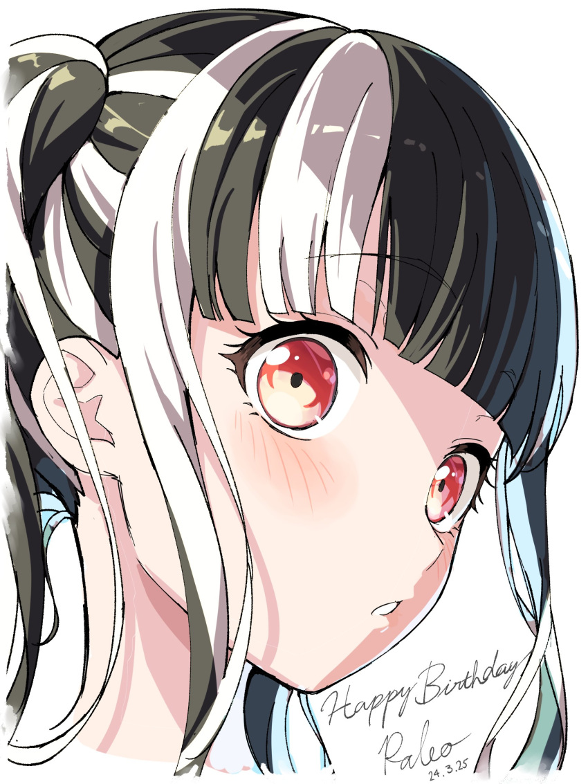 1girl absurdres bang_dream! black_hair blunt_bangs close-up commentary cropped_head from_side happy_birthday highres light_blush long_hair multicolored_hair nobusawa_osamu nyubara_reona parted_lips red_eyes sidelocks simple_background solo twintails two-tone_hair white_background white_hair