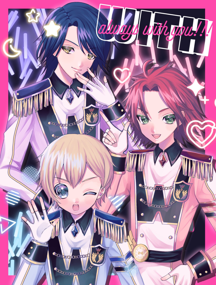 3boys :d blonde_hair blue_eyes blue_hair border closed_mouth commentary crescent english_commentary epaulettes fingerless_gloves gloves glowstick group_name hand_on_own_hip hand_up highres idol_clothes idol_time_pripara index_finger_raised jacket long_sleeves looking_at_viewer male_focus mitaka_asahi multiple_boys one_eye_closed open_mouth penlight_(glowstick) pink_border pretty_series pripara redhead short_hair smile takase_koyoi upper_body white_gloves white_jacket yellow_eyes yumekawa_shogo yuni_(ramm_sweet)