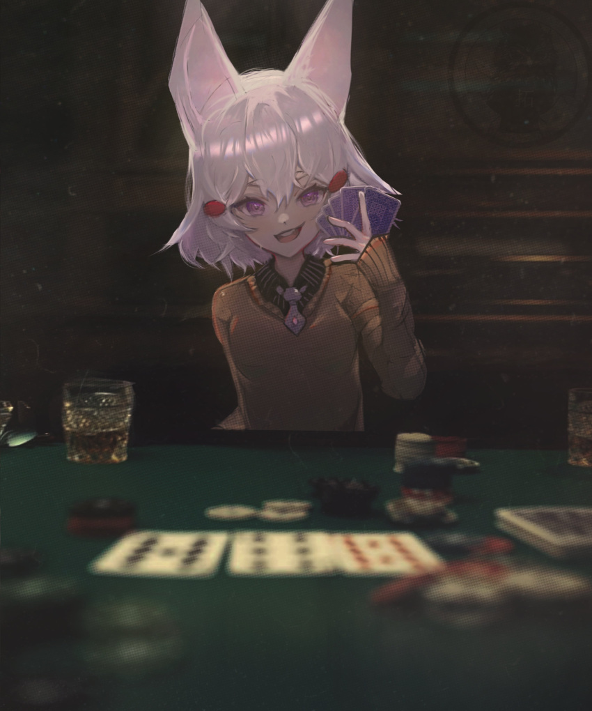 1girl absurdres animal_ears brown_shirt card fox_ears fox_girl hair_ornament hairpin highres holding holding_card looking_at_viewer medium_hair necktie open_mouth phase_connect playing_card poker poker_chip poker_table purple_necktie shirt short_eyebrows smile table taku_artworks teeth tenma_maemi tenma_maemi_(1st_costume) upper_teeth_only violet_eyes virtual_youtuber white_hair