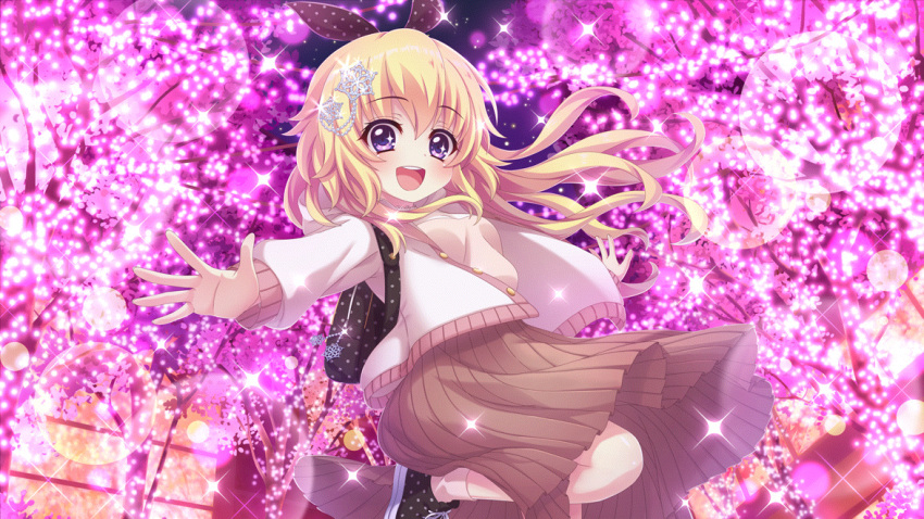 1girl :d backpack bag black_bag black_bow black_footwear blonde_hair bow breasts brown_skirt christmas christmas_lights dot_nose film_grain game_cg hair_bow hair_ornament hasegawa_mii izumi_tsubasu jacket lens_flare long_hair long_sleeves looking_at_viewer night night_sky non-web_source official_art open_clothes open_jacket open_mouth outdoors outstretched_arms polka_dot polka_dot_bag polka_dot_bow polka_dot_footwear re:stage! shirt shoes skirt sky small_breasts smile snowflake_hair_ornament socks solo sparkle sparkling_eyes spread_arms standing standing_on_one_leg star_(sky) starry_sky teeth tree upper_teeth_only violet_eyes white_jacket white_shirt white_socks