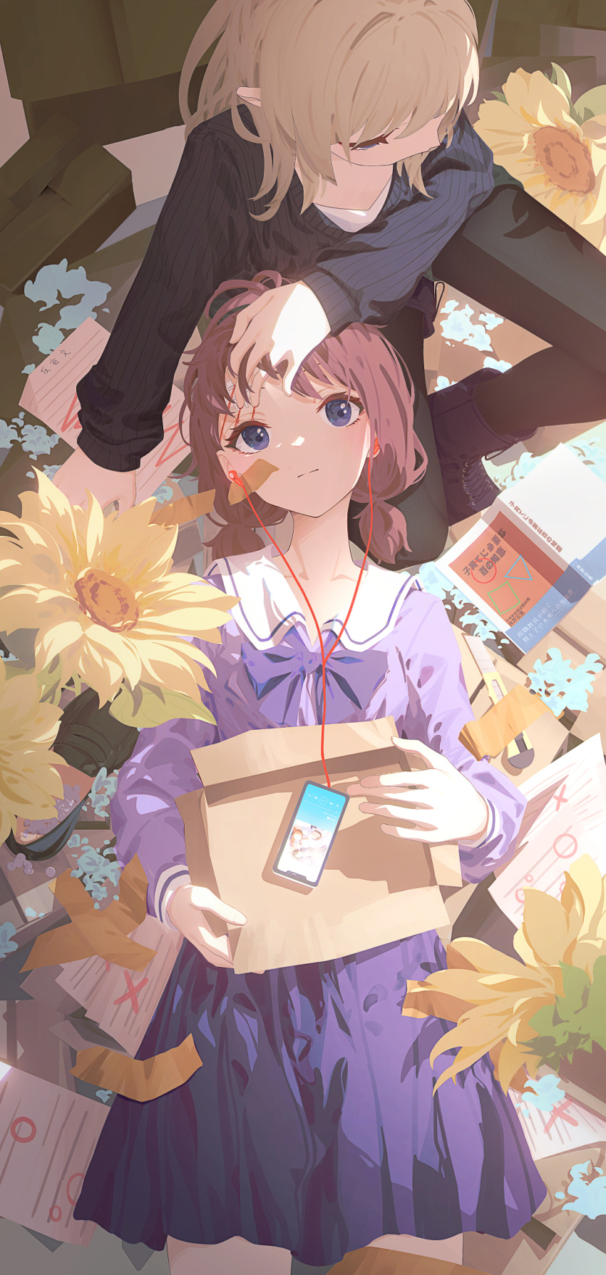 2girls 999kun bandaid bandaid_on_face black_footwear black_pantyhose black_sweater blue_bow blue_bowtie blue_eyes blue_shirt blue_skirt book boots bow bowtie brown_hair closed_mouth commentary earphones flower girls_band_cry hand_on_another's_head highres iseri_nina kawaragi_momoka light_brown_hair long_hair long_sleeves looking_at_viewer low_twintails lying multiple_girls on_back open_book pantyhose sailor_collar school_uniform serafuku shirt short_hair short_twintails skirt sunflower sweater translation_request twintails white_sailor_collar yuri