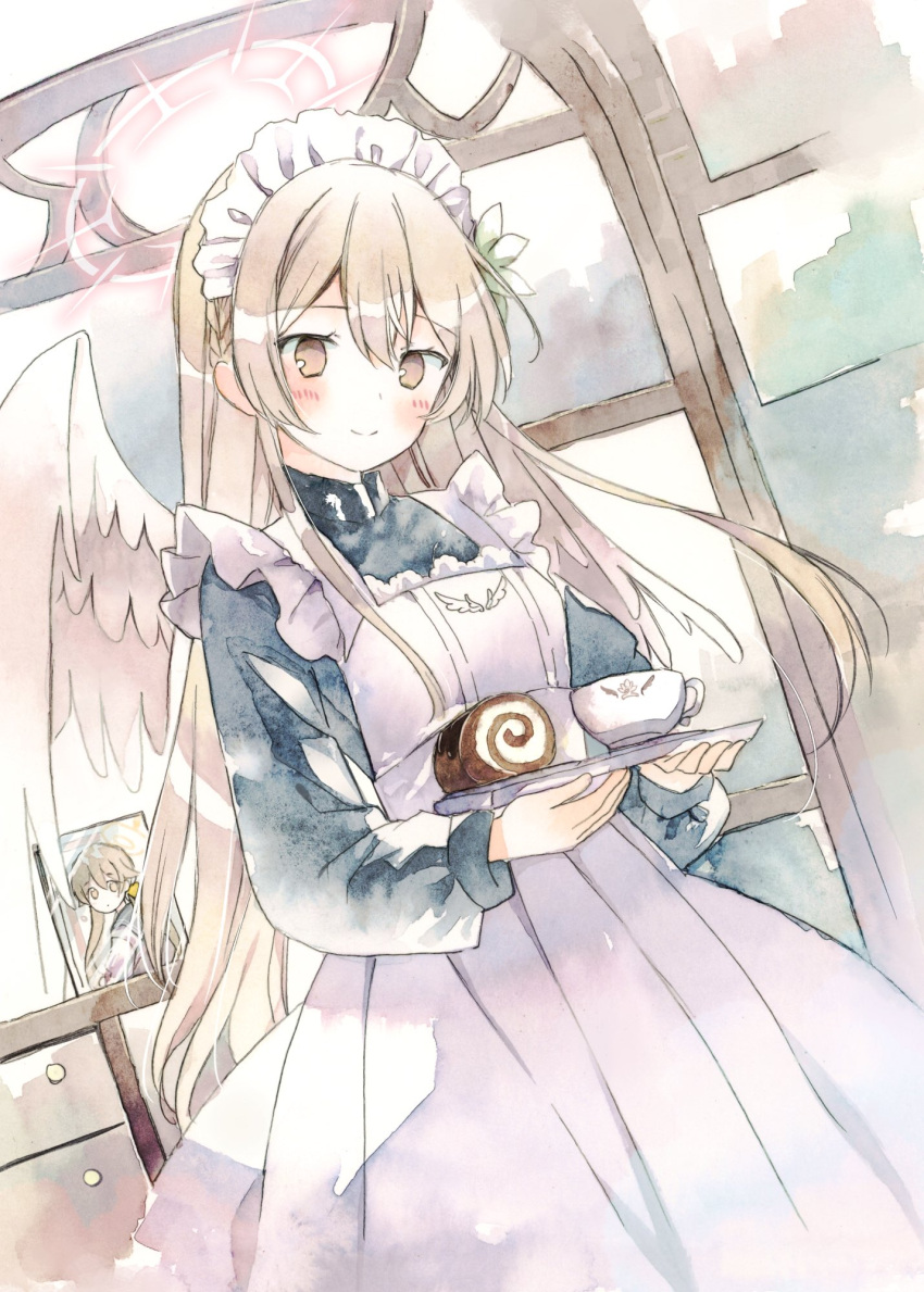 1girl alternate_costume angel_wings apron blue_archive blue_dress blush brown_eyes cake closed_mouth dress dutch_angle enmaided feathered_wings food head_tilt hifumi_(blue_archive) highres holding holding_plate light_brown_hair long_hair looking_at_viewer maid mizuki_toko nagisa_(blue_archive) plate smile solo swiss_roll turtleneck turtleneck_dress white_apron white_wings wings