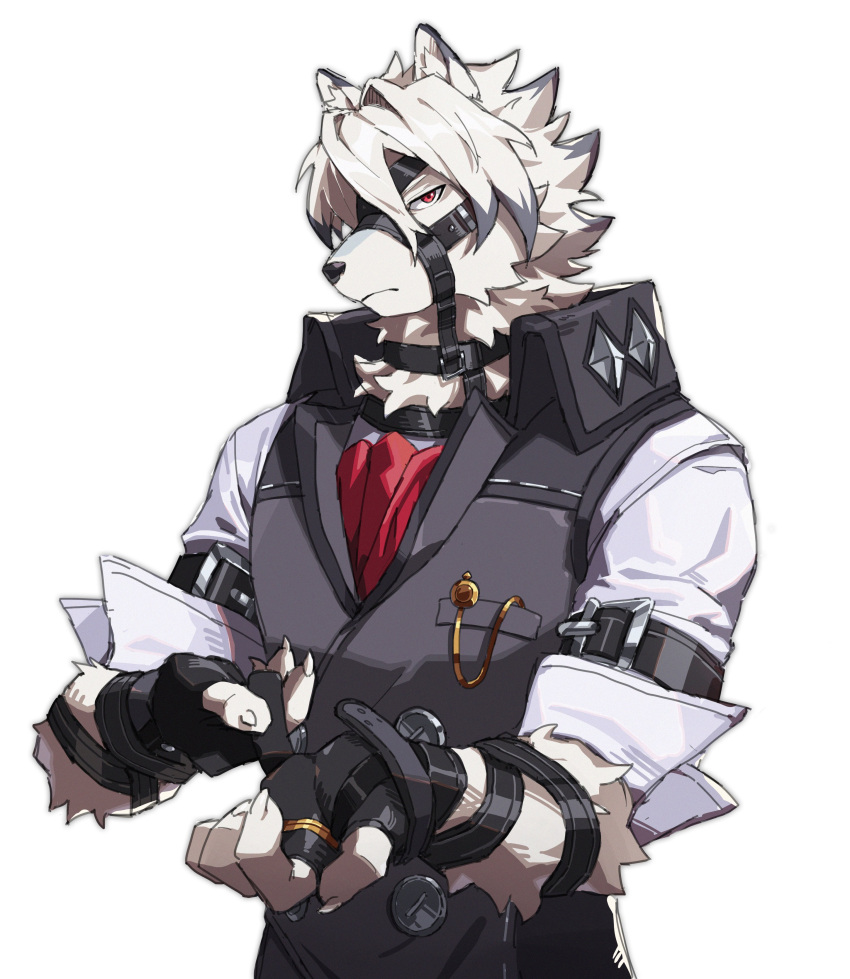 1boy absurdres ascot black_gloves black_vest claws closed_mouth furry furry_male gloves highres jacket looking_at_viewer male_focus muzzle red_ascot red_eyes solo upper_body vest von_lycaon white_background white_jacket wolf_boy yed_(yedsilent) zenless_zone_zero
