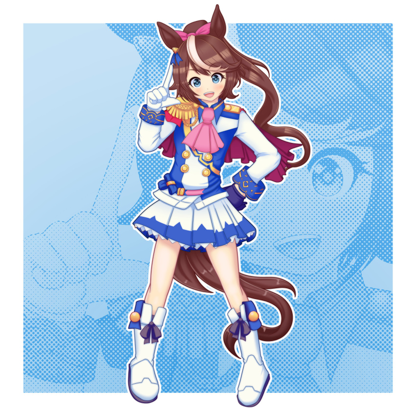 1girl :d absurdres animal_ears ascot asymmetrical_gloves blue_eyes blue_gloves blush boots brown_hair collared_jacket commentary english_commentary epaulettes floating_hair full_body gloves hair_ribbon hand_up highres horse_ears horse_girl horse_tail index_finger_raised jacket knee_boots long_hair looking_at_viewer meulahke mismatched_gloves multicolored_hair outline pigeon-toed pink_ascot pink_ribbon pleated_skirt ponytail ribbon single_epaulette skirt smile solo standing streaked_hair tail tokai_teio_(umamusume) umamusume very_long_hair white_footwear white_gloves white_hair white_jacket white_outline white_skirt zoom_layer