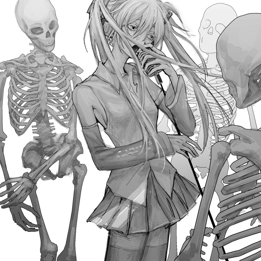 1girl bare_shoulders breasts detached_sleeves hair_ornament hatsune_miku highres holding holding_microphone holding_microphone_stand long_hair microphone microphone_stand necktie open_mouth sasakyu shirt simple_background skeleton skirt sleeveless thigh-highs twintails very_long_hair vocaloid
