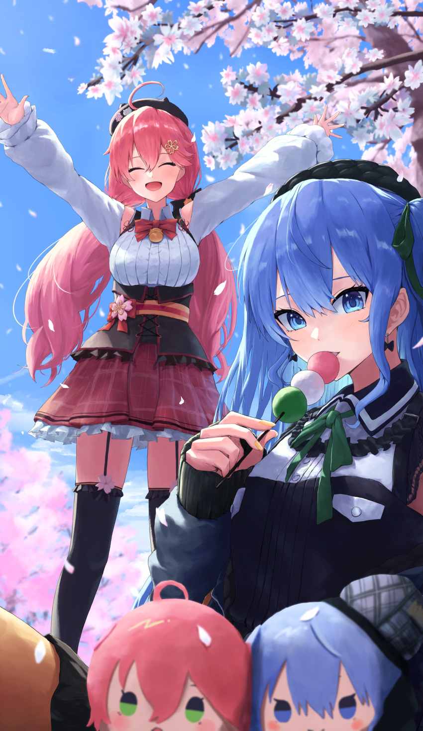 2girls absurdres ahoge beret black_dress black_garter_straps black_hat black_thighhighs blue_eyes blue_hair blue_sky bow bow_earrings character_name cherry_blossoms closed_eyes clouds collared_dress collared_shirt dango dress earrings food garter_straps green_ribbon hat highres hololive hoshimachi_suisei hoshimachi_suisei_(streetwear) jewelry looking_at_viewer low_twintails multiple_girls official_alternate_costume one_side_up open_mouth pink_hair red_skirt ribbon sakura_miko sakura_miko_(casual) shirt skirt sky smile solo star_(symbol) star_in_eye symbol_in_eye thigh-highs twintails virtual_youtuber wagashi white_shirt yayoi_(touya)