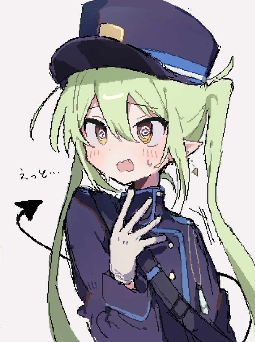 1girl black_hat black_jacket black_tail blue_archive blush demon_tail earrings fang gil_(gil_261) gloves green_hair hair_between_eyes hat highlander_twintails_conductor_(blue_archive) highres jacket jewelry long_hair long_sleeves open_mouth peaked_cap pixel_art pointy_ears simple_background solo tail upper_body white_background white_gloves yellow_eyes