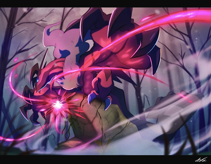 aobi_3814 aura bird blue_eyes blurry blurry_foreground energy full_body highres horns nature outdoors pokemon pokemon_(creature) powering_up red_wings signature solo spread_wings talons wings xerneas