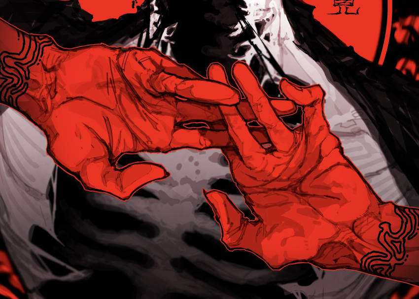 1other arm_tattoo close-up hand_focus head_out_of_frame highres interlocked_fingers karemiya_knife open_hands original own_hands_together pale_skin red_hands ribs skeleton solo tattoo