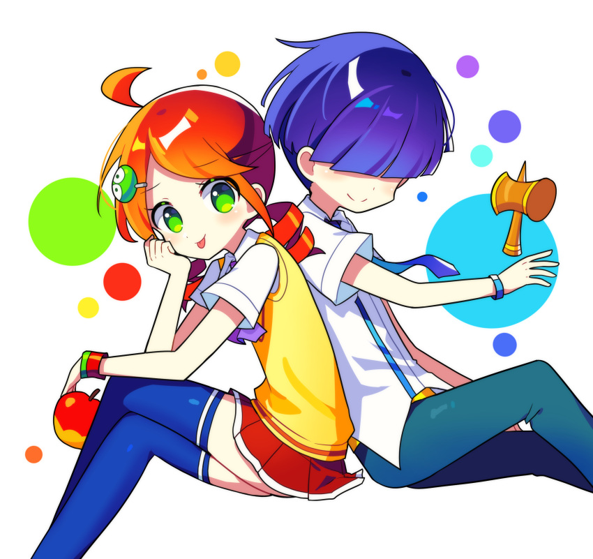 1boy 1girl absurdres ahoge andou_ringo apple blue_theme blush character_request closed_mouth collared_shirt crossed_legs drill_hair food fruit hair_ornament hair_over_eyes hairclip highres holding holding_food holding_fruit long_hair looking_at_viewer offbeat pleated_skirt puyopuyo red_skirt redhead shirt short_hair short_sleeves skirt smile sweater_vest tongue tongue_out twin_drills white_shirt yellow_sweater_vest