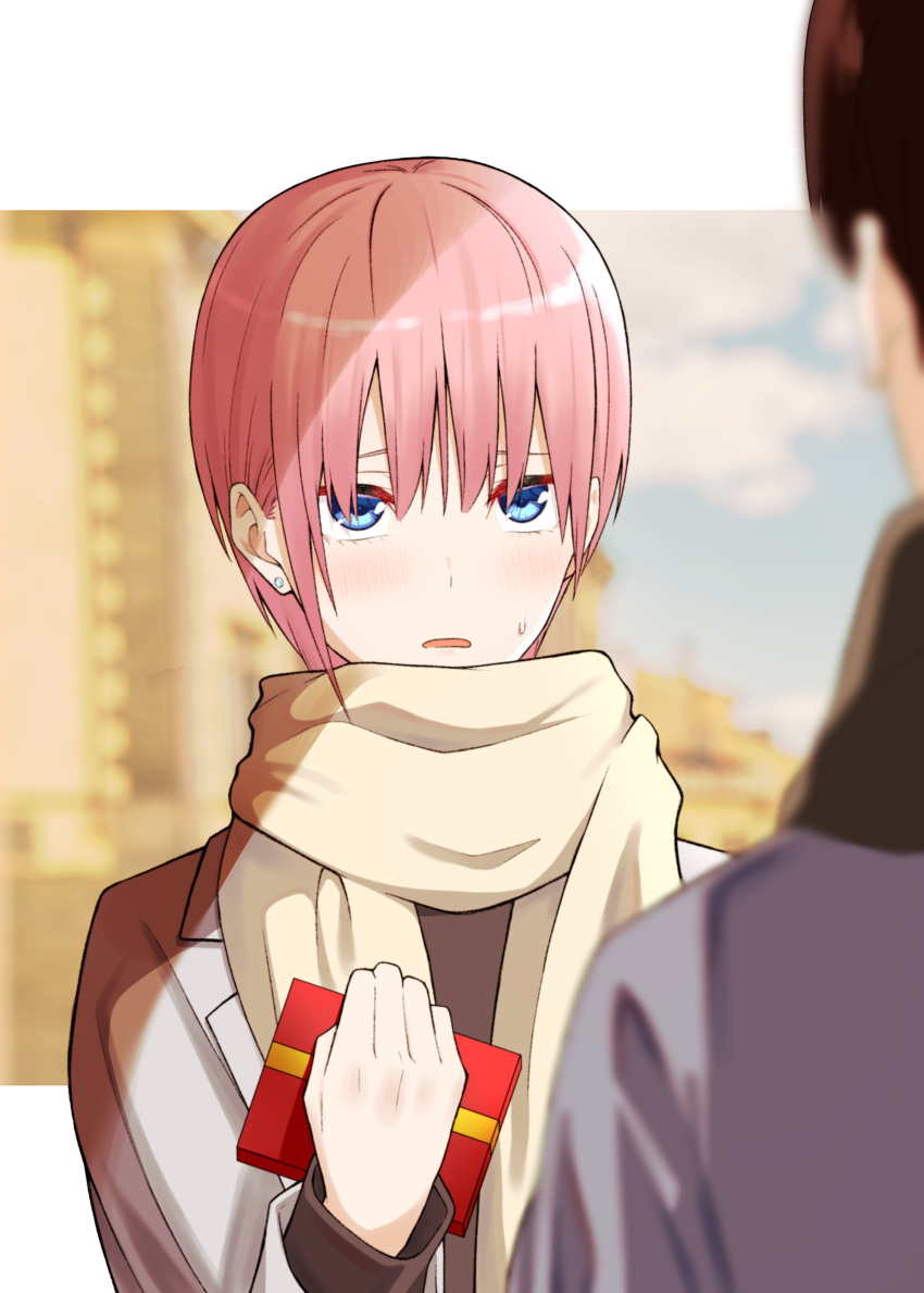 1boy 1girl absurdres blue_eyes blurry blurry_background box brown_hair coat commentary_request earrings gift gift_box go-toubun_no_hanayome grey_coat hair_between_eyes highres holding holding_gift jewelry long_sleeves nakano_ichika open_mouth pink_hair scarf short_hair stud_earrings tawashi_(tawashi324) uesugi_fuutarou