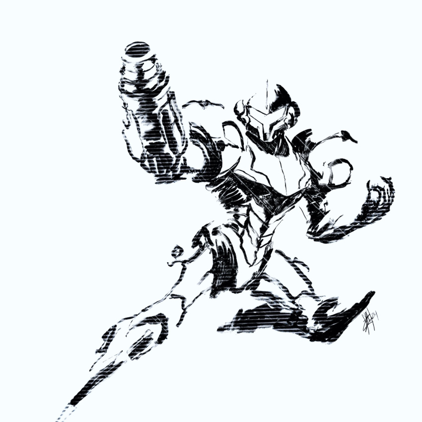 1girl alzandahh arm_cannon armor assault_visor commentary english_commentary facing_viewer gun helmet highres metroid monochrome power_armor power_suit power_suit_(metroid) samus_aran science_fiction simple_background sketch solo varia_suit weapon white_background