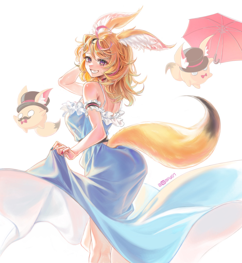 1girl absurdres alternate_costume animal_ear_fluff animal_ears antenna_hair ass bare_shoulders blonde_hair blue_dress dress fox_ears fox_girl fox_tail grin highres hololive long_hair looking_back multicolored_hair multicolored_nails omaru_polka simple_background smile solo_focus streaked_hair sundress tail tail_through_clothes violet_eyes virtual_youtuber white_background wuest zain_(omaru_polka)